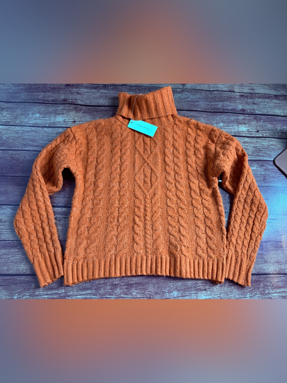 🆕 Pink Rose Burnt Orange Cable Knit Mock Neck Crop Sweater S